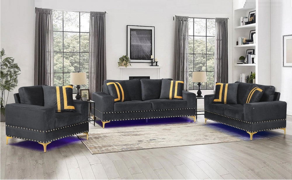 Velvet Black Three Piece Living Room Set GLOBAL FURNITURE