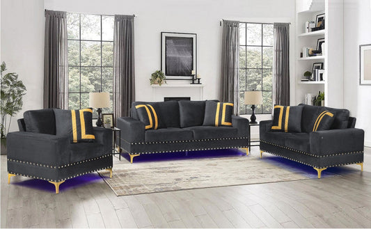 Velvet Black Three Piece Living Room Set GLOBAL FURNITURE