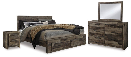 Derekson King Panel Bed with 2 Storage Drawers with Mirrored Dresser and Nightstand Benchcraft®