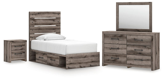 Graystorm Twin Panel Bed with Storage with Mirrored Dresser and Nightstand Signature Design by Ashley®