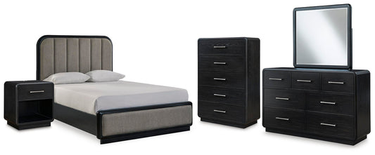Rowanbeck Upholstered Panel Bed With Mirrored Dresser, Chest And Nightstand Signature Design by Ashley®