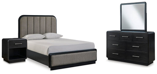 Rowanbeck Upholstered Panel Bed With Mirrored Dresser And Nightstand Signature Design by Ashley®