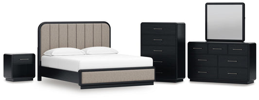 Rowanbeck California Upholstered Panel Bed, Dresser, Mirror, Chest And Nightstand Signature Design by Ashley®