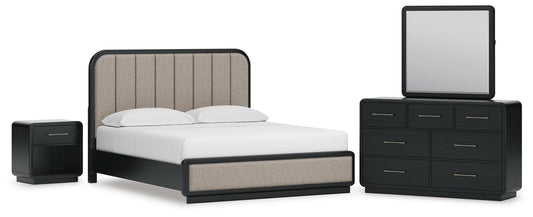 Rowanbeck California Upholstered Panel Bed, Dresser, Mirror And Nightstand Signature Design by Ashley®