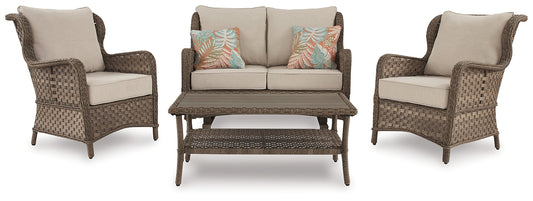 Clear Ridge Outdoor Loveseat and 2 Chairs with Coffee Table Signature Design by Ashley®
