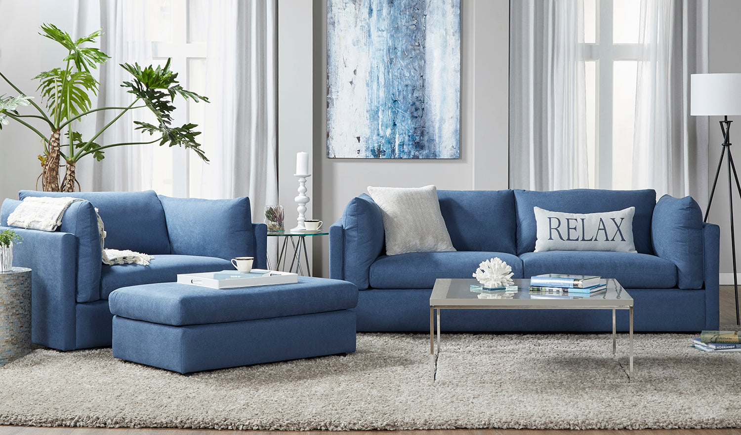 Navy 18200 Sofa With Cuddle Chair and Ottoman Hughes Furniture