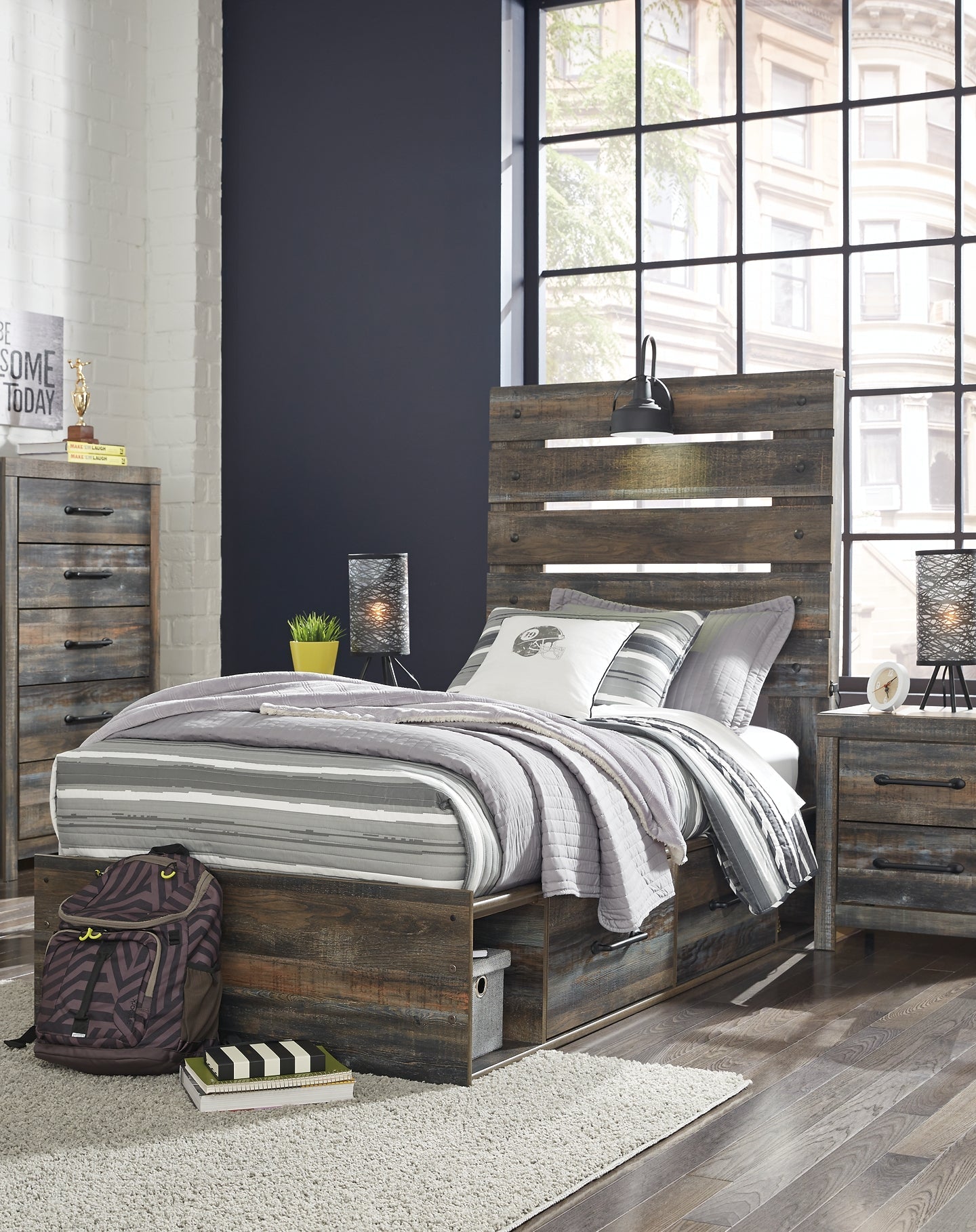 Drystan Twin Panel Bed with 4 Storage Drawers with Mirrored Dresser, Chest and Nightstand Signature Design by Ashley®