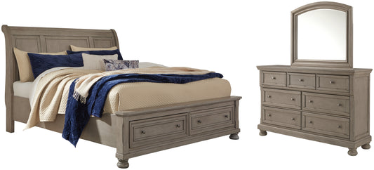 Lettner King Sleigh Bed with 2 Storage Drawers with Mirrored Dresser Signature Design by Ashley®