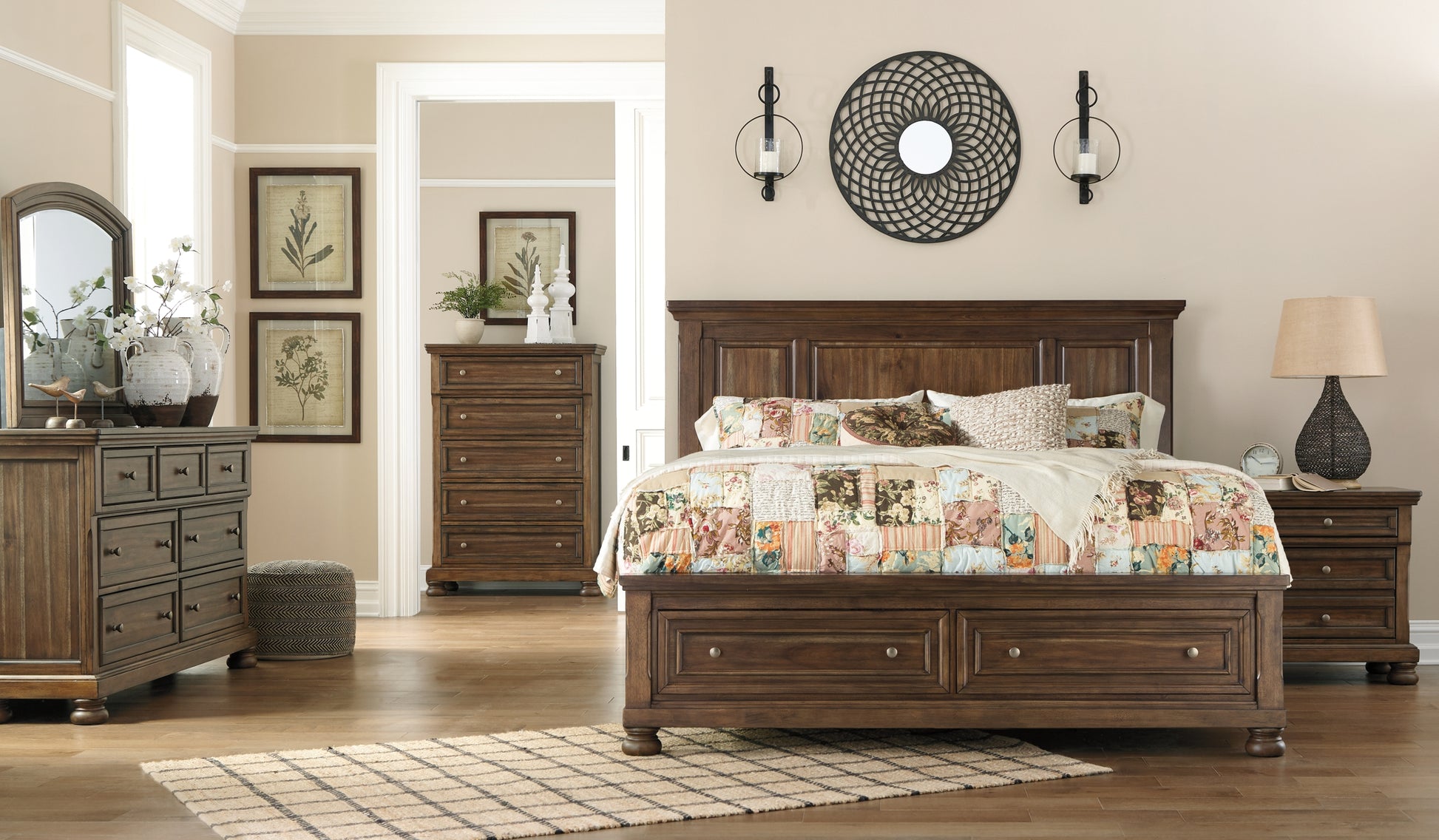 Flynnter California King Panel Bed with 2 Storage Drawers with Mirrored Dresser, Chest and Nightstand Signature Design by Ashley®