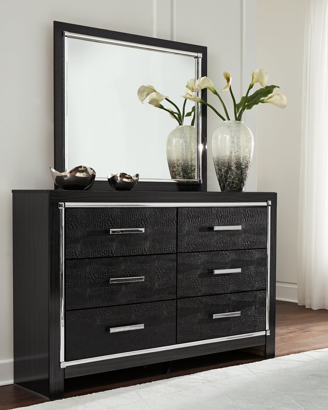 Kaydell King Upholstered Panel Storage Platform Bed with Mirrored Dresser and Chest Signature Design by Ashley®