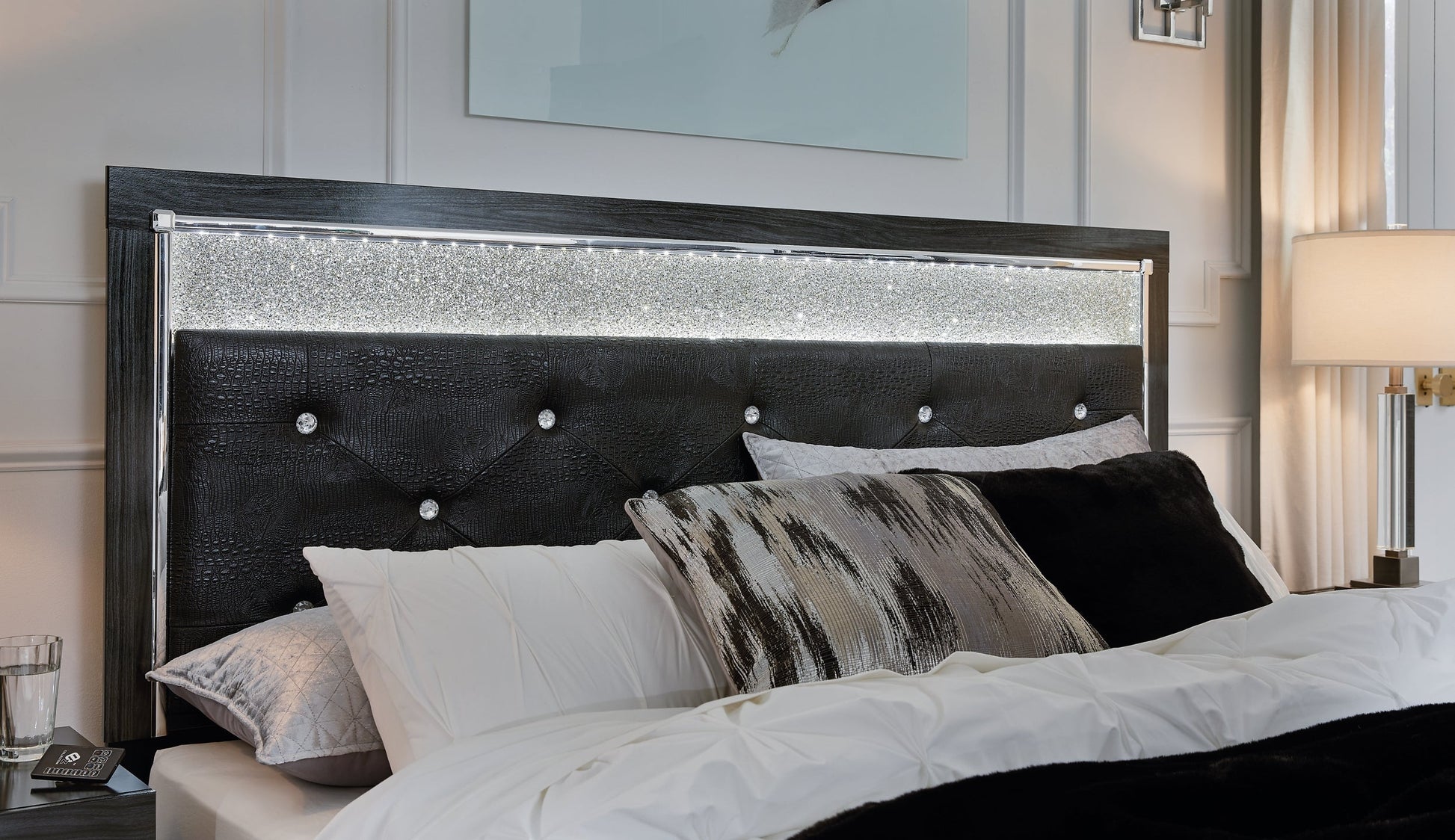 Kaydell King Upholstered Panel Storage Platform Bed with Mirrored Dresser and Chest Signature Design by Ashley®