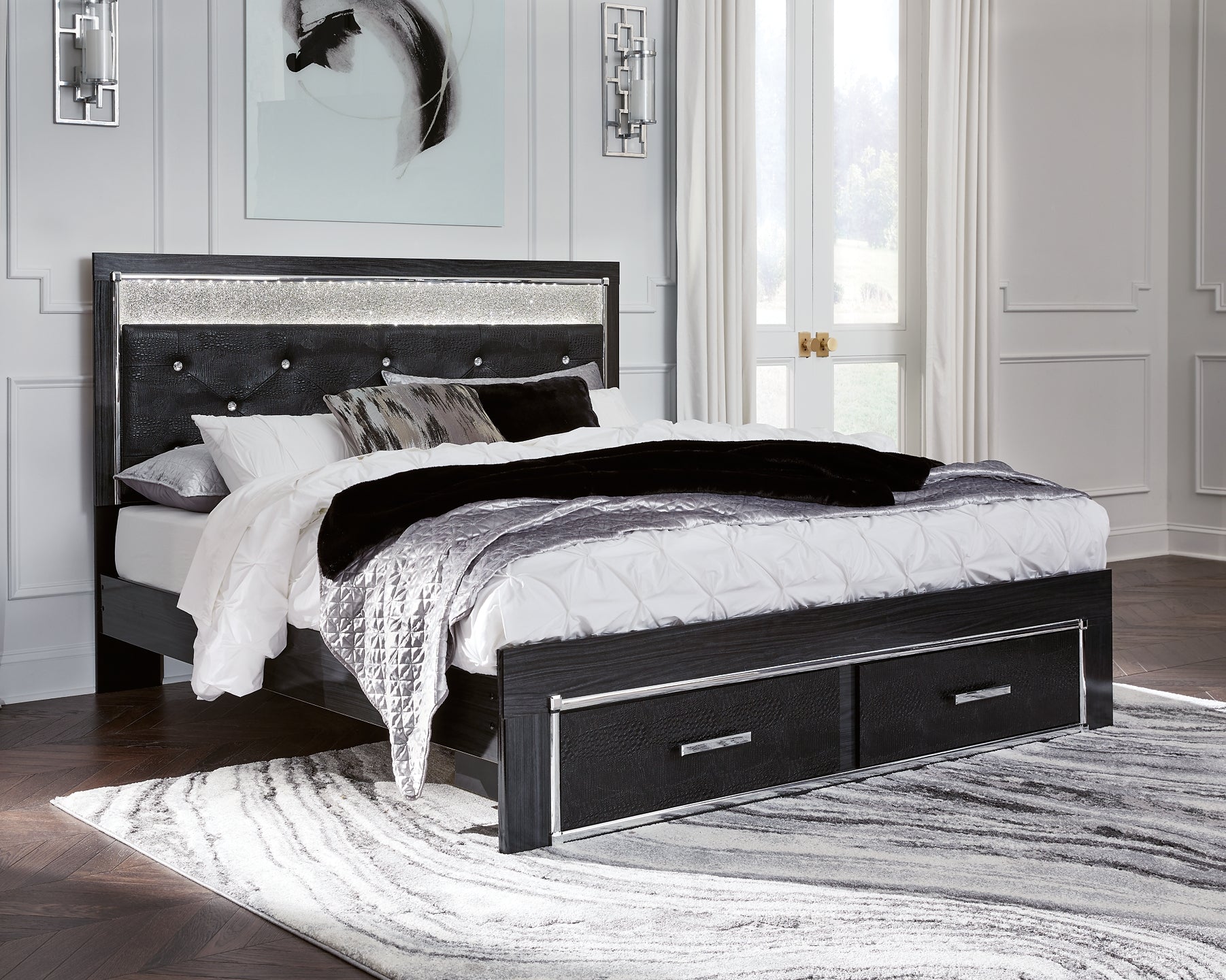 Kaydell King Upholstered Panel Storage Platform Bed with Mirrored Dresser and Chest Signature Design by Ashley®