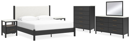 Cadmori King Upholstered Panel Bed with Mirrored Dresser, Chest and 2 Nightstands Signature Design by Ashley®