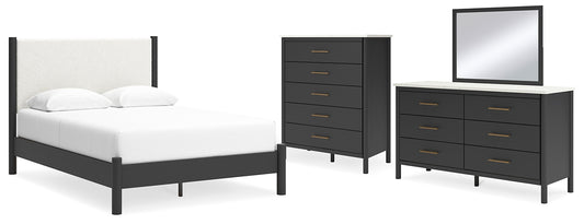 Cadmori Queen Upholstered Panel Bed with Mirrored Dresser and Chest Signature Design by Ashley®