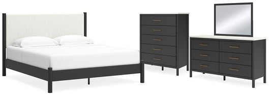 Cadmori King Upholstered Panel Bed with Mirrored Dresser and Chest Signature Design by Ashley®