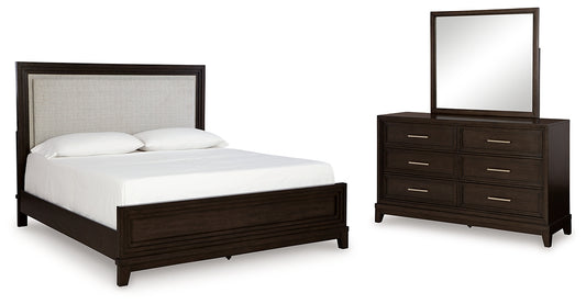 Neymorton King Upholstered Panel Bed with Mirrored Dresser Signature Design by Ashley®
