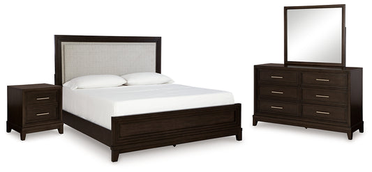 Neymorton Queen Upholstered Panel Bed with Mirrored Dresser and Nightstand Signature Design by Ashley®