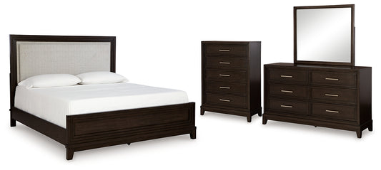 Neymorton California King Upholstered Panel Bed with Mirrored Dresser and Chest Signature Design by Ashley®