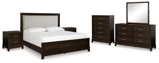 Neymorton King Upholstered Panel Bed with Mirrored Dresser, Chest and 2 Nightstands Signature Design by Ashley®