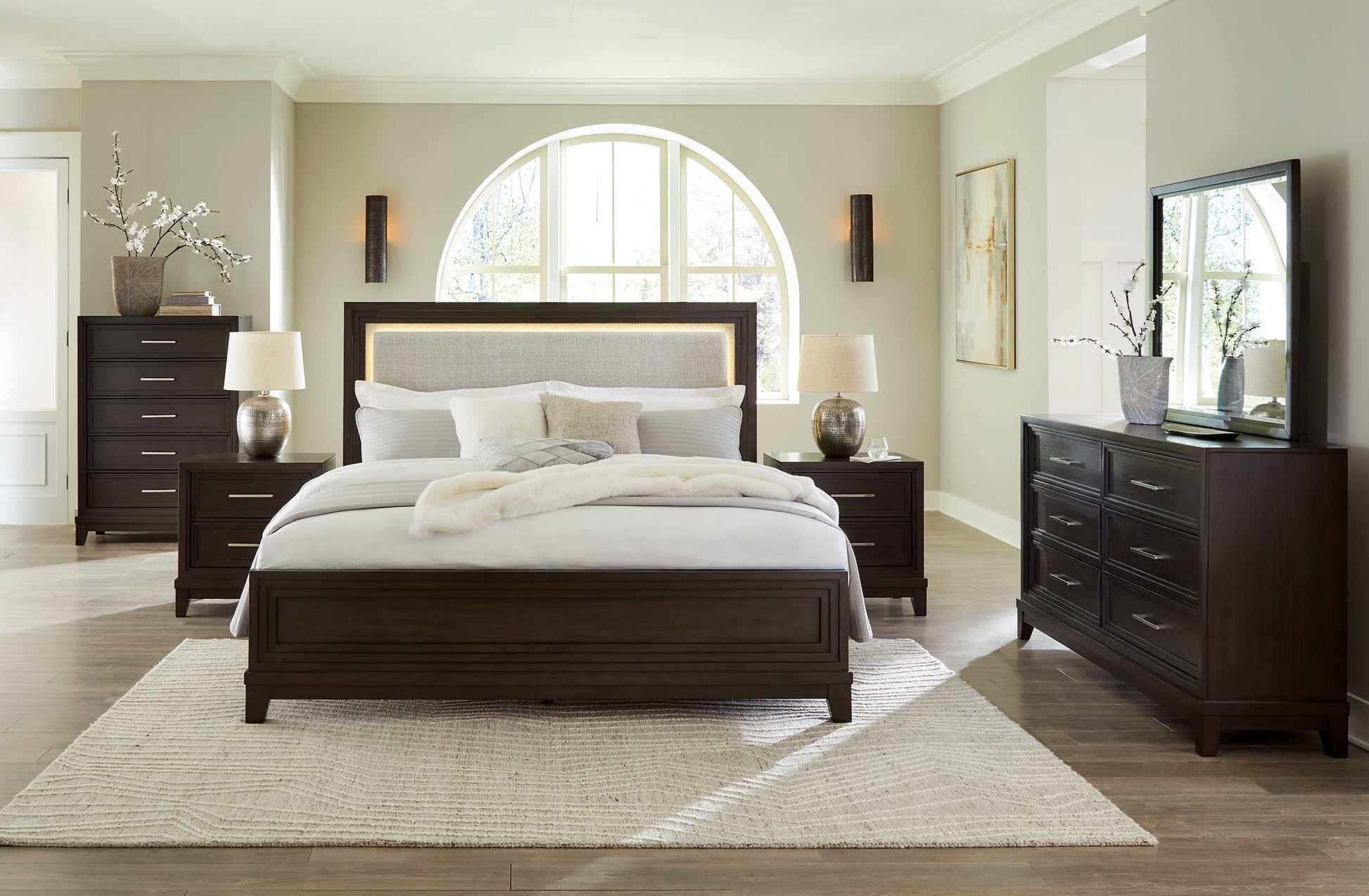 Neymorton California King Upholstered Panel Bed with Mirrored Dresser, Chest and Nightstand Signature Design by Ashley®