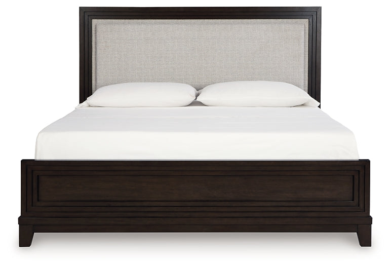 Neymorton California King Upholstered Panel Bed with Mirrored Dresser, Chest and Nightstand Signature Design by Ashley®