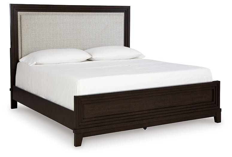 Neymorton California King Upholstered Panel Bed with Mirrored Dresser, Chest and Nightstand Signature Design by Ashley®