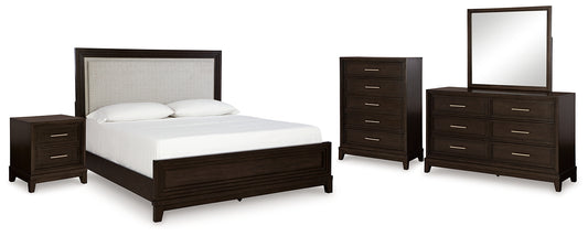 Neymorton California King Upholstered Panel Bed with Mirrored Dresser, Chest and Nightstand Signature Design by Ashley®