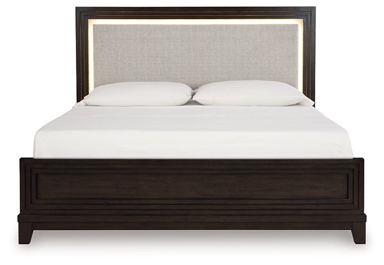 Neymorton California King Upholstered Panel Bed with Mirrored Dresser and Nightstand Signature Design by Ashley®
