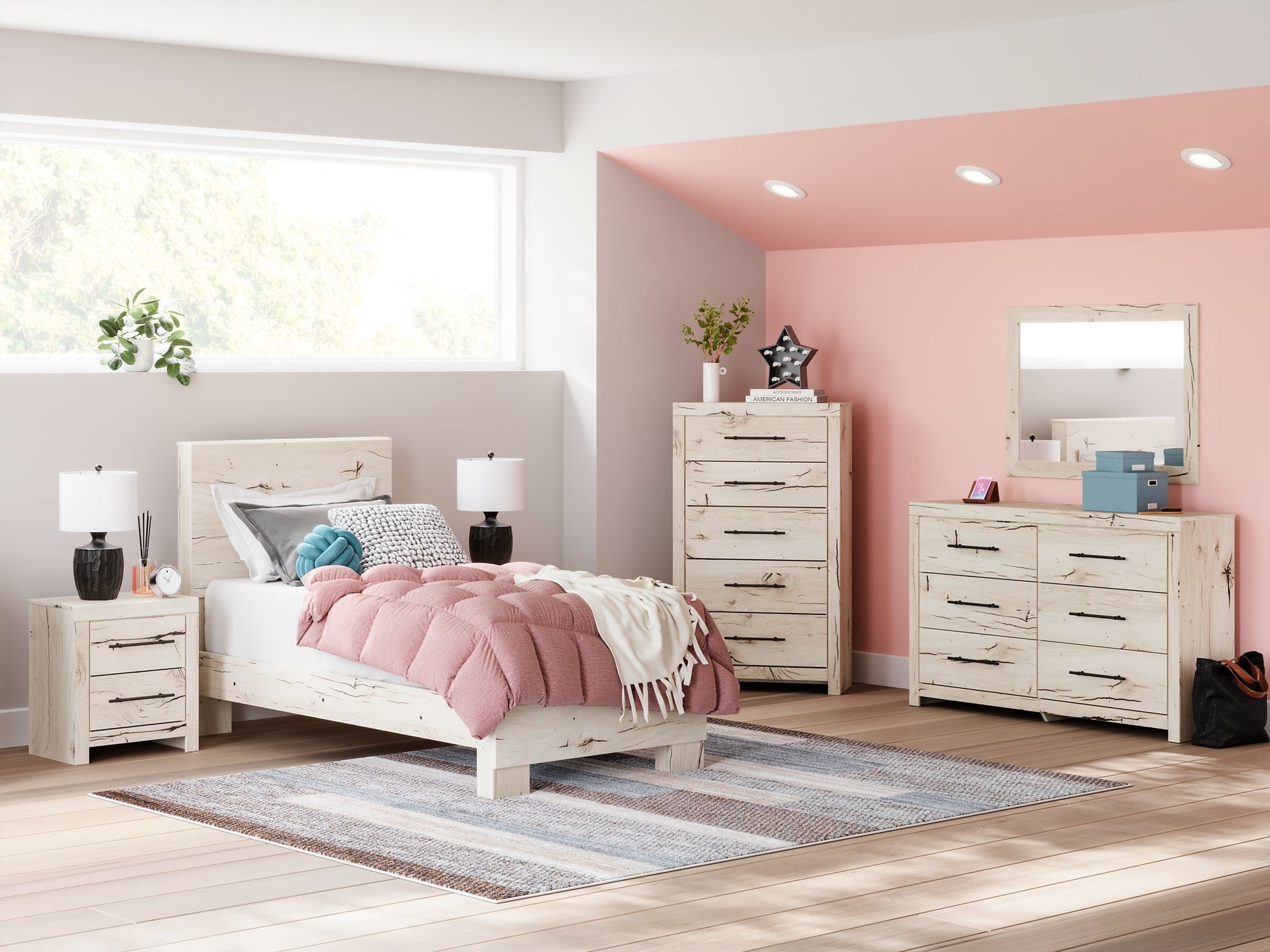 Lawroy Twin Panel Bed with Mirrored Dresser Benchcraft®