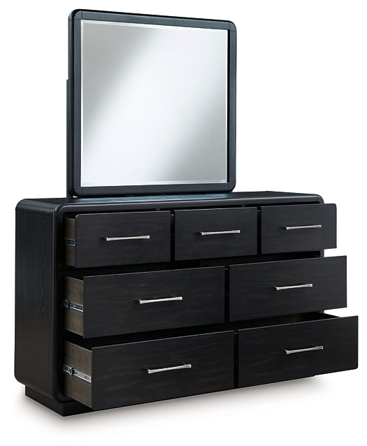 Rowanbeck Queen Upholstered Panel Bed with Mirrored Dresser, Chest and Nightstand Signature Design by Ashley®