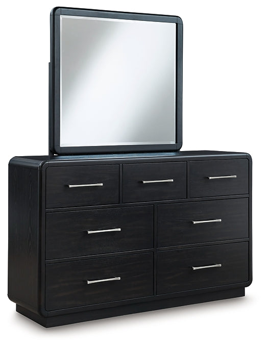 Rowanbeck Queen Upholstered Panel Bed with Mirrored Dresser, Chest and Nightstand Signature Design by Ashley®
