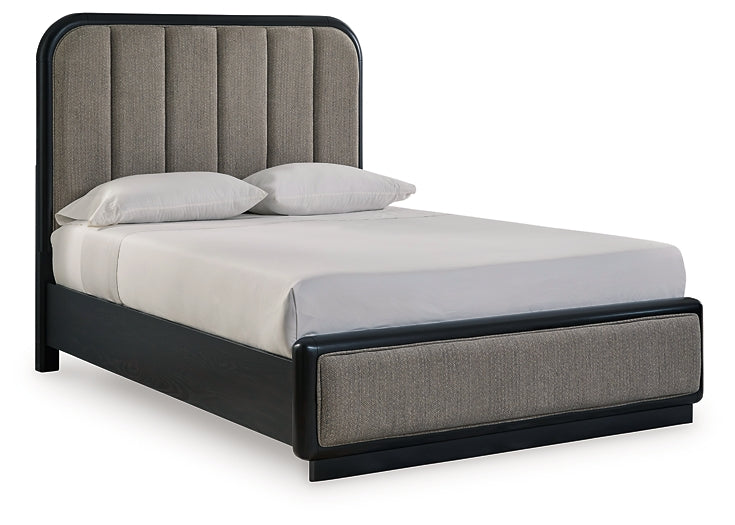 Rowanbeck Queen Upholstered Panel Bed with Mirrored Dresser, Chest and Nightstand Signature Design by Ashley®