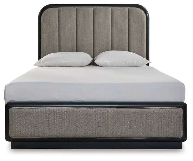 Rowanbeck Queen Upholstered Panel Bed with Mirrored Dresser, Chest and Nightstand Signature Design by Ashley®