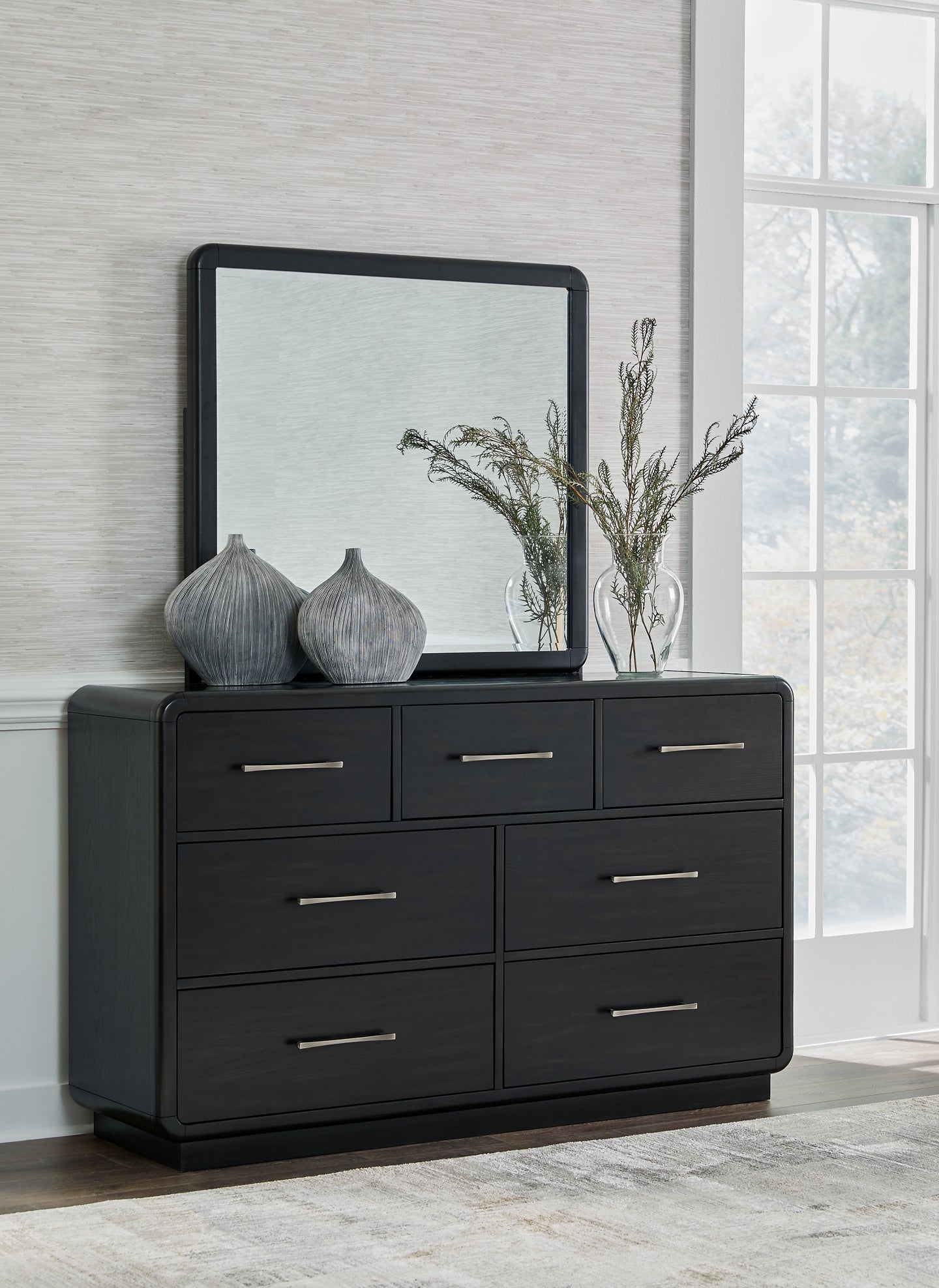 Rowanbeck Queen Upholstered Panel Bed with Mirrored Dresser, Chest and Nightstand Signature Design by Ashley®