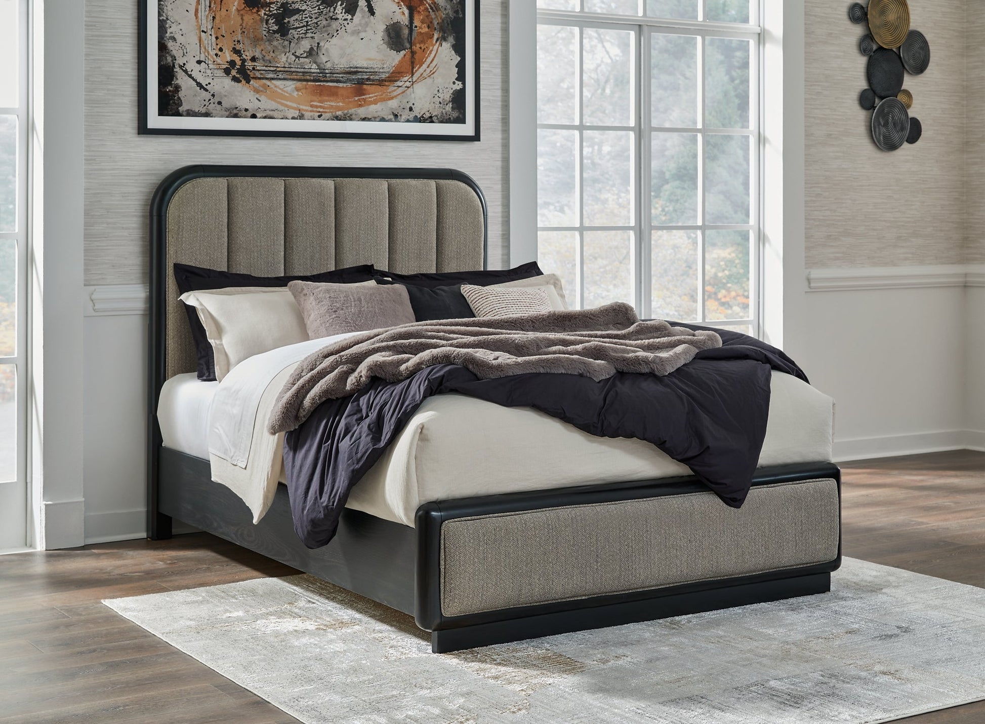 Rowanbeck Queen Upholstered Panel Bed with Mirrored Dresser, Chest and Nightstand Signature Design by Ashley®