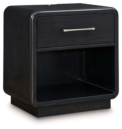 Rowanbeck Queen Upholstered Panel Bed with Mirrored Dresser, Chest and Nightstand Signature Design by Ashley®