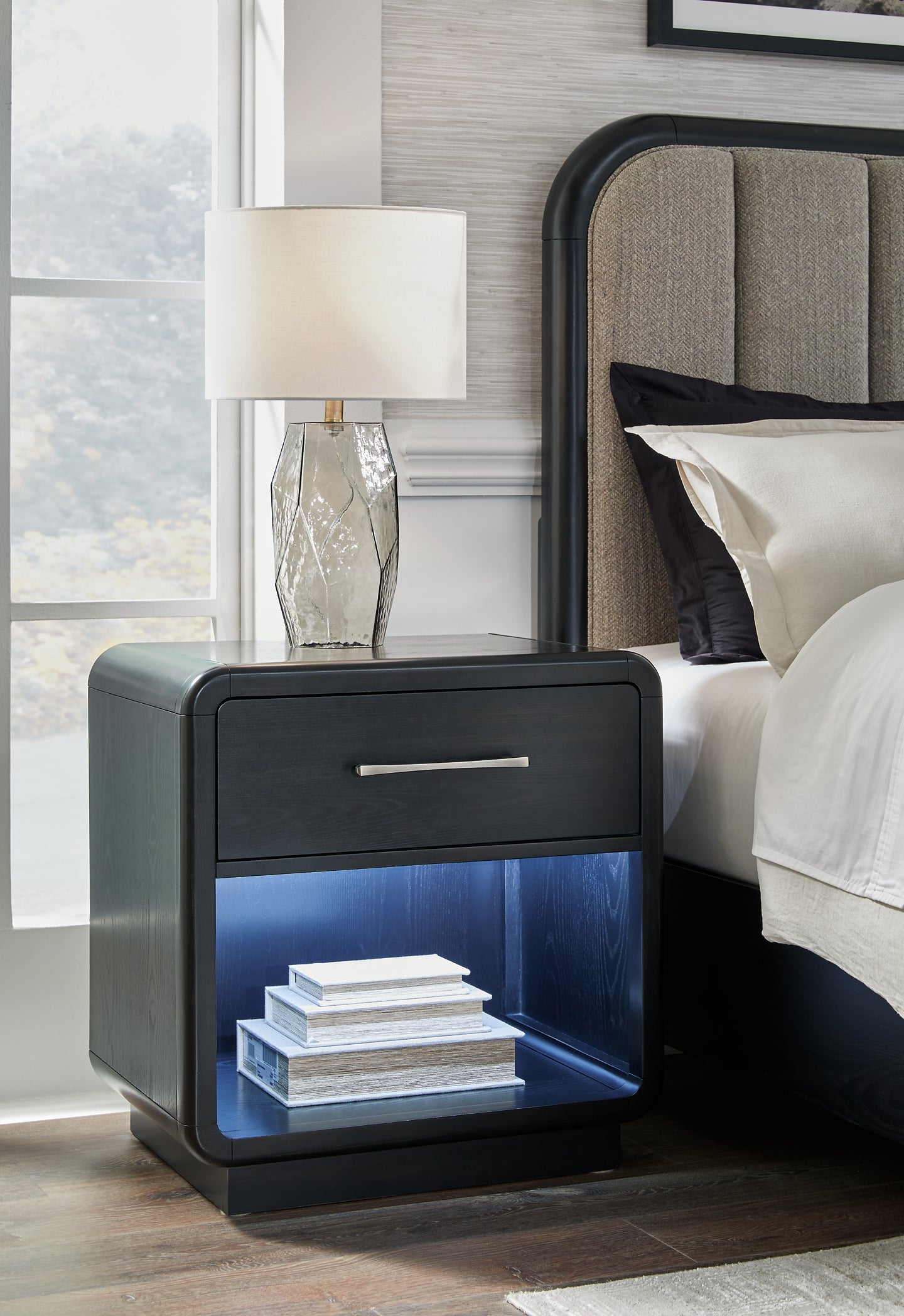 Rowanbeck Queen Upholstered Panel Bed with Mirrored Dresser, Chest and Nightstand Signature Design by Ashley®