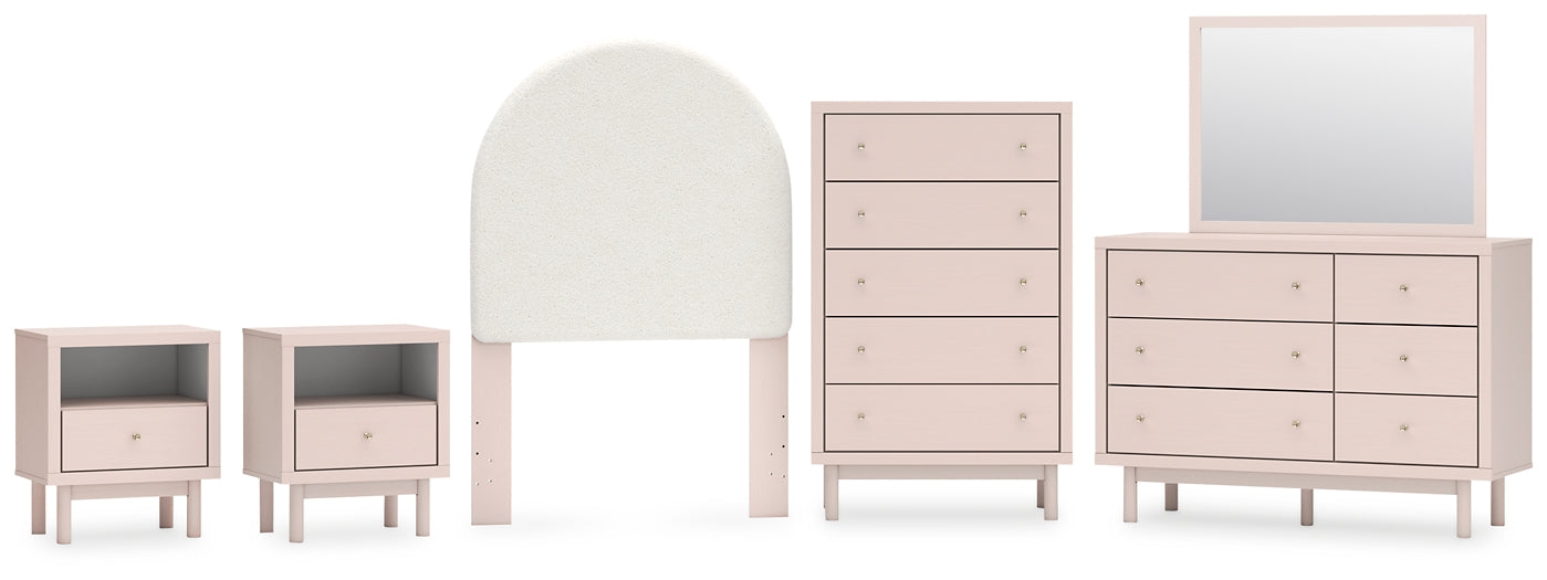 Wistenpine Twin Upholstered Panel Headboard with Mirrored Dresser, Chest and 2 Nightstands Signature Design by Ashley®