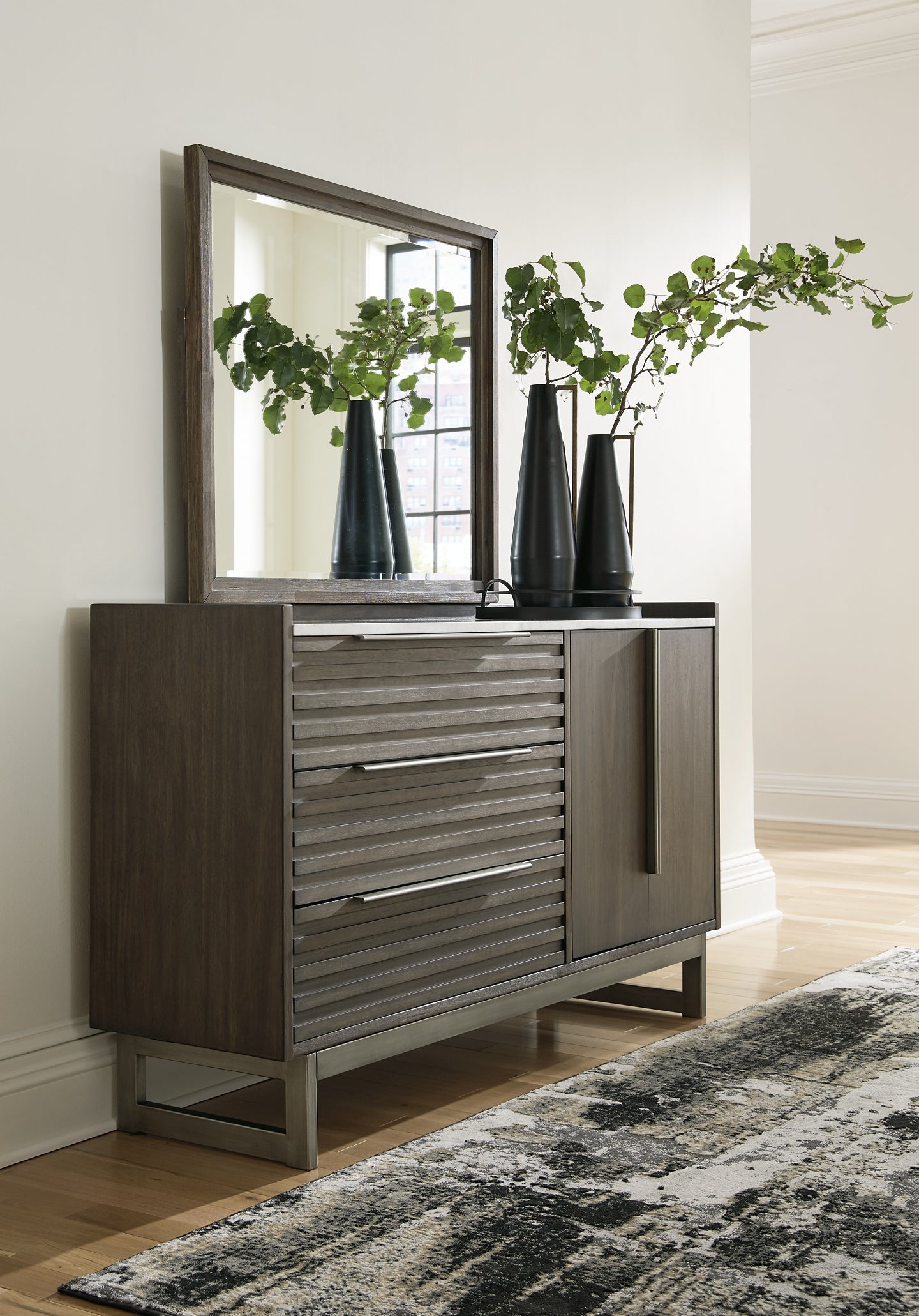 Arkenton Queen Panel Bed with Mirrored Dresser and 2 Nightstands Ashley®