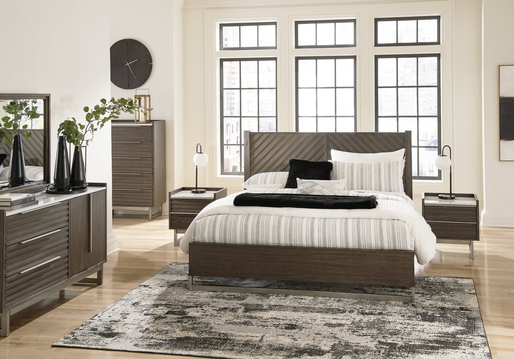 Arkenton California King Panel Bed with Mirrored Dresser, Chest and 2 Nightstands Ashley®