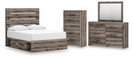 Graystorm Full Panel Bed with Storage with Mirrored Dresser and Chest Signature Design by Ashley®
