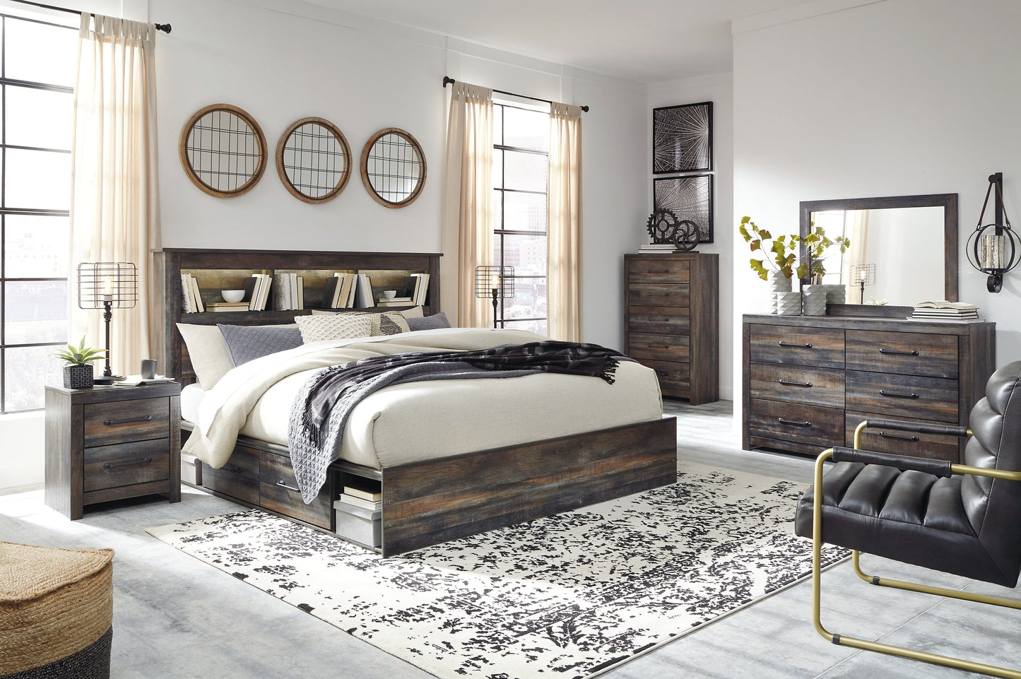 Drystan King Bookcase Bed with 2 Storage Drawers with Mirrored Dresser Signature Design by Ashley®