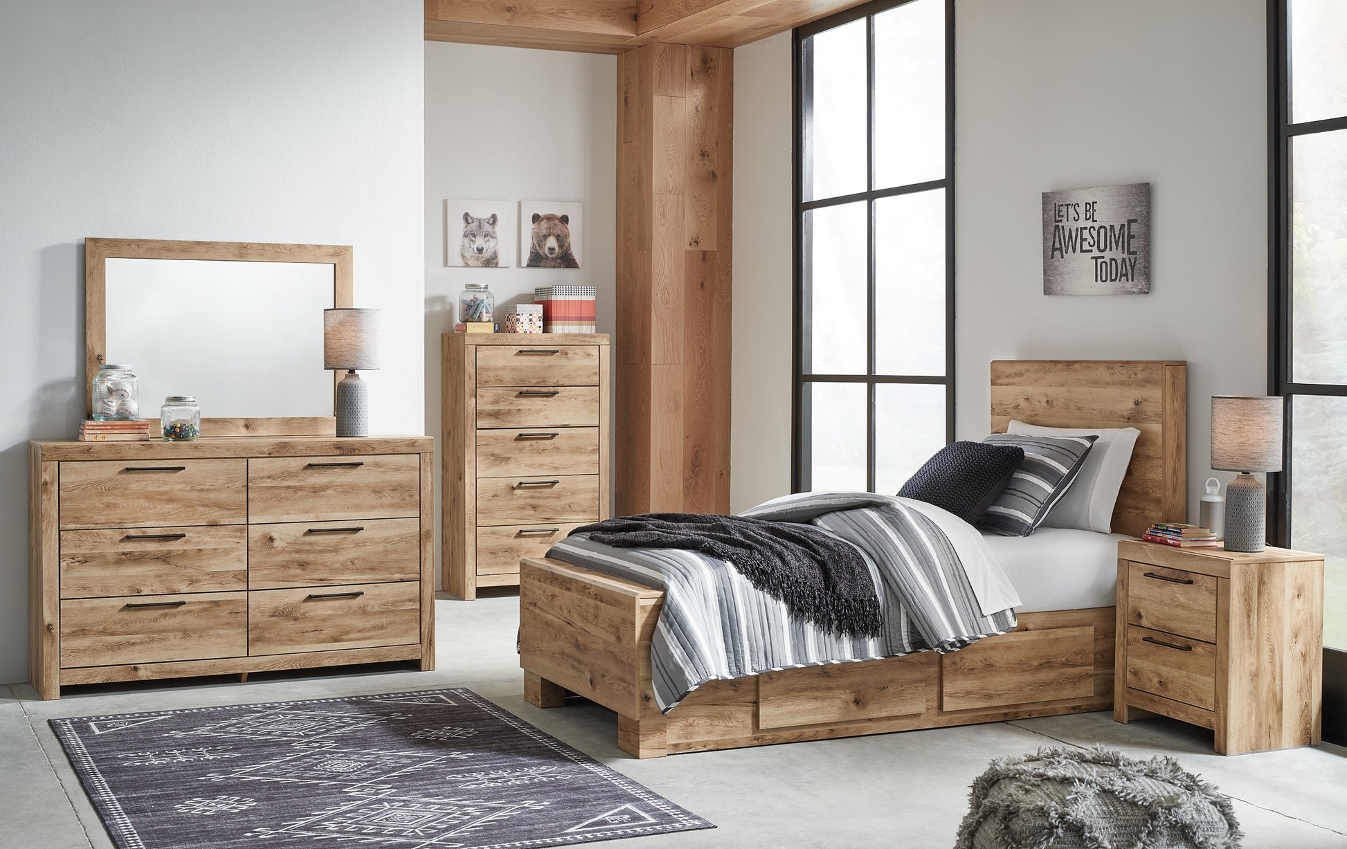 Hyanna Twin Panel Bed with Storage with Mirrored Dresser and Nightstand Signature Design by Ashley®