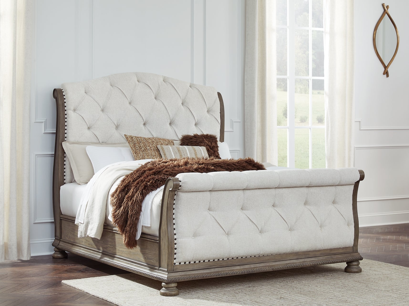 Ardenfield Queen Upholstered Sleigh Bed with Mirrored Dresser, Chest and Nightstand Signature Design by Ashley®