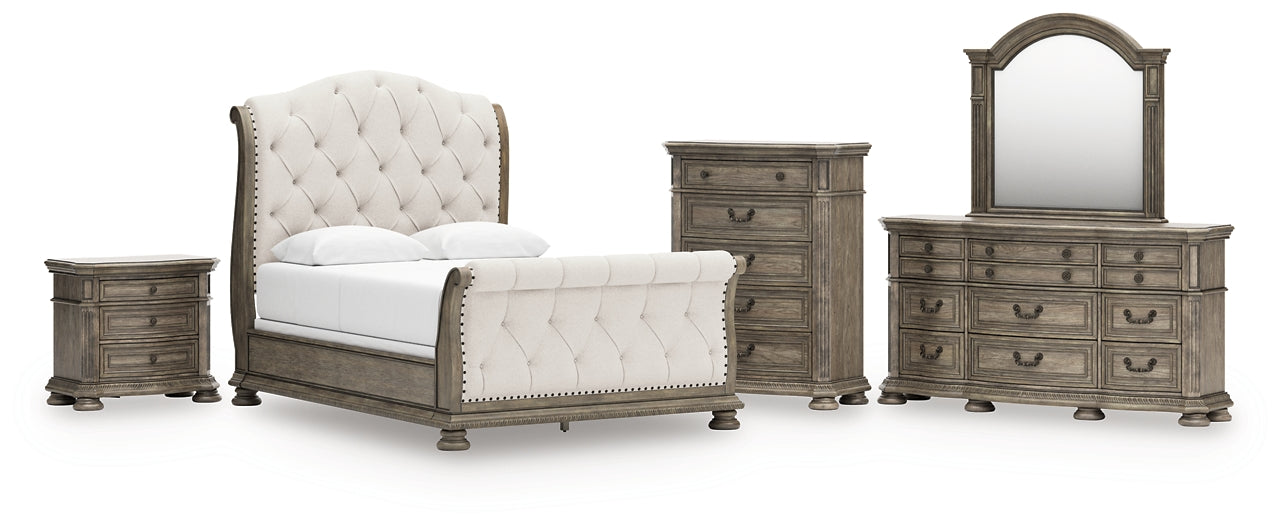 Ardenfield Queen Upholstered Sleigh Bed with Mirrored Dresser, Chest and Nightstand Signature Design by Ashley®