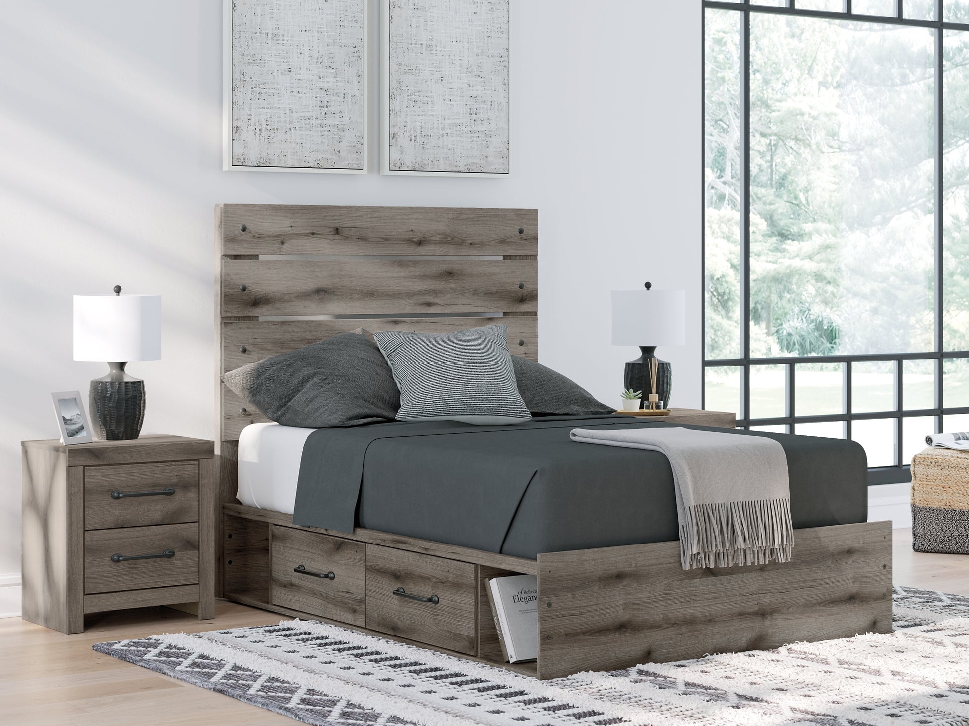 Graystorm Full Panel Bed with Storage with Mirrored Dresser and Nightstand Signature Design by Ashley®