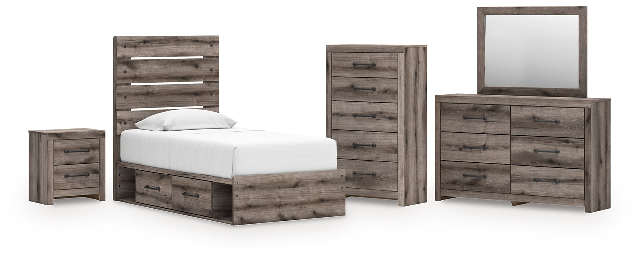 Graystorm Twin Panel Bed with Storage with Mirrored Dresser, Chest and Nightstand Signature Design by Ashley®