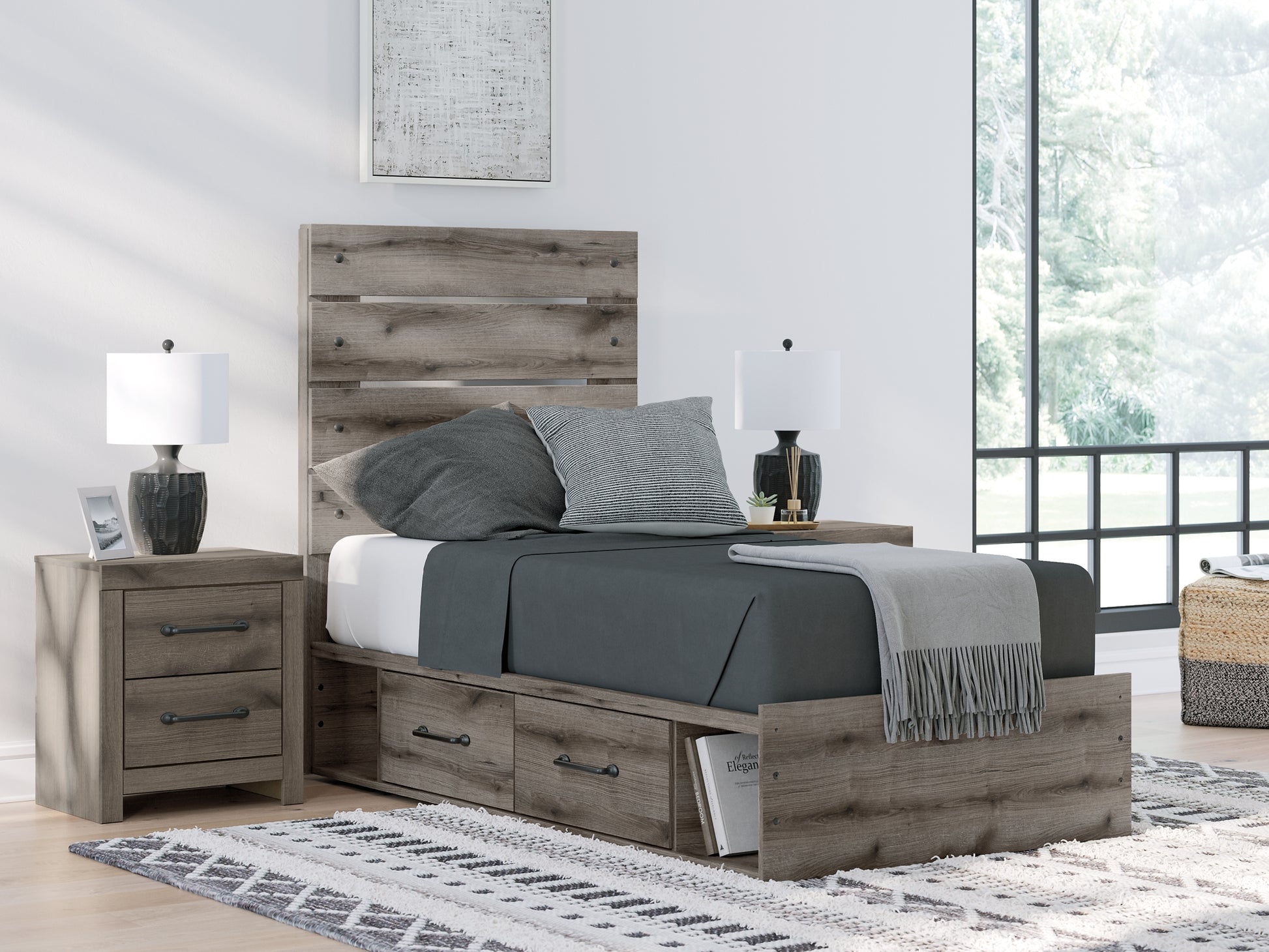 Graystorm Twin Panel Bed with Storage with Mirrored Dresser Signature Design by Ashley®