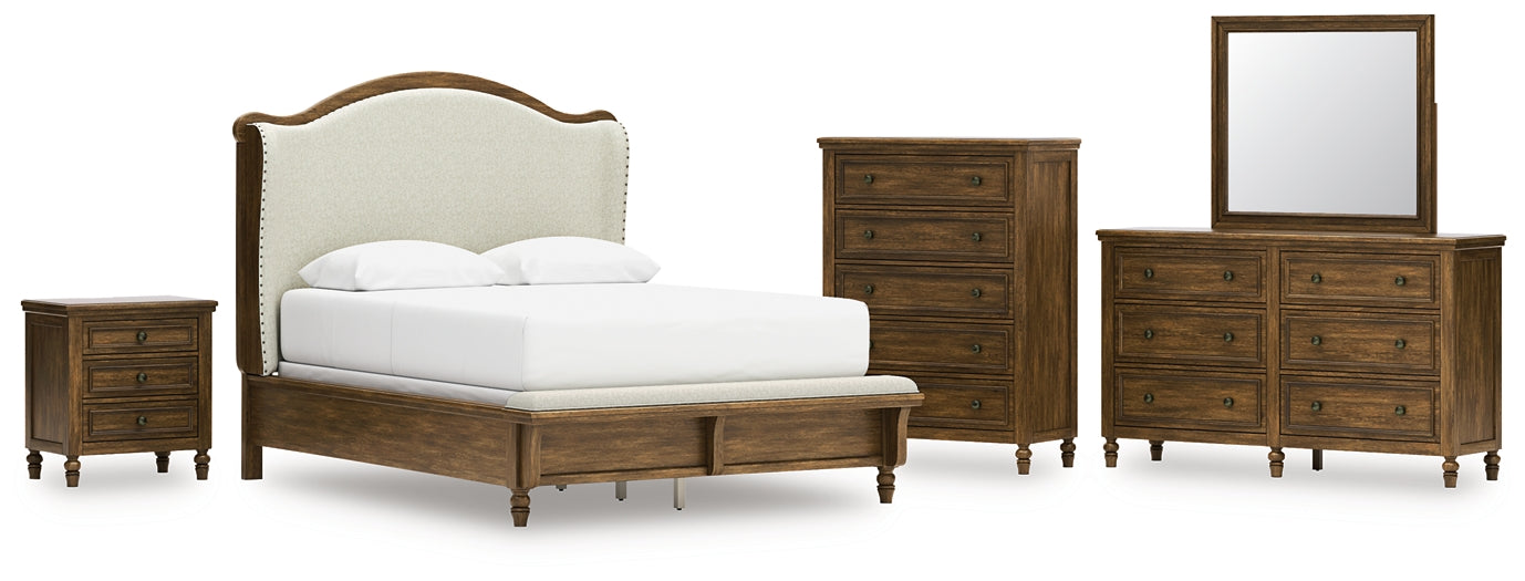 Sturlayne Queen Upholstered Panel Bed with Mirrored Dresser, Chest and Nightstand Benchcraft®