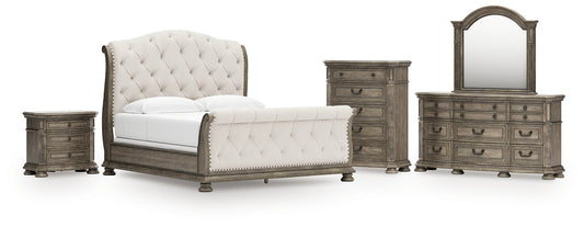 Ardenfield King Upholstered Sleigh Bed with Mirrored Dresser, Chest and Nightstand Signature Design by Ashley®